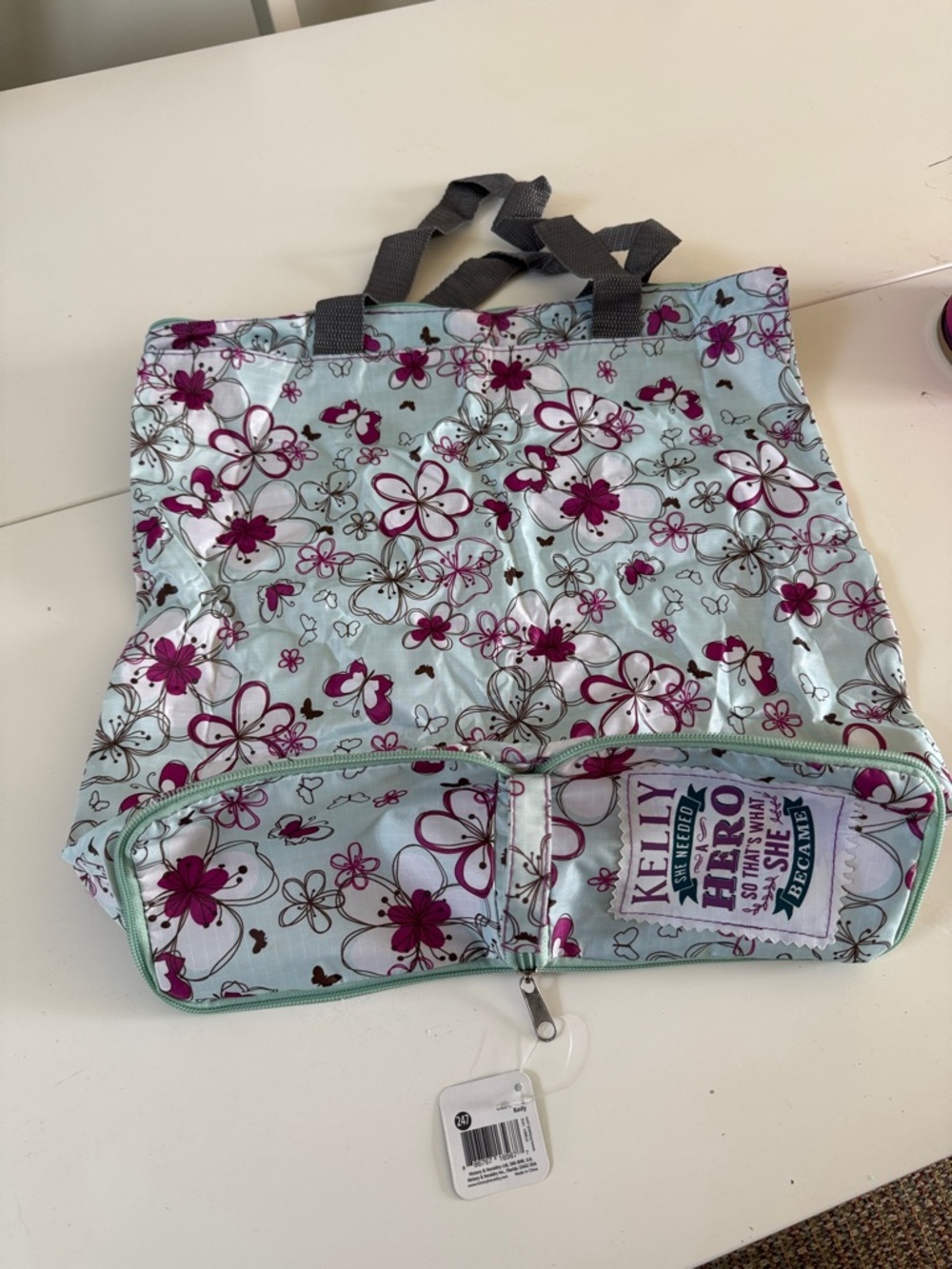 Kelly Floral Mint and Magenta Packable Tote Bag - Picture 3 of 5